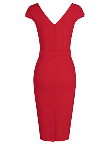 Muxxn Women's Lady Classic V Neck Short Sleeve Midi Wear To Work Bodycon Pencil Dress Red Xxl #TOP1