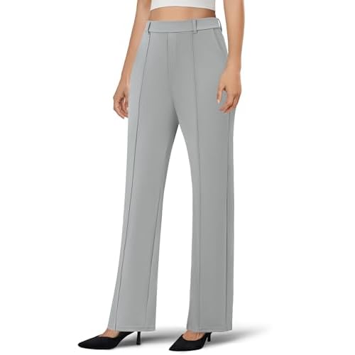 Women's Dress Pants Business Casual Stretchy Work Pants High Waisted Pull On Slacks Office Wide Leg Trousers Light Grey Medium