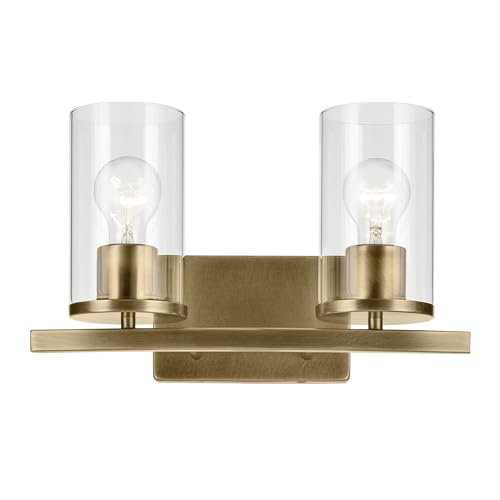 Image of Kichler Crosby 15.25 inch 2-Light Bathroom Vanity Light Fixture with Clear Glass in Natural Brass for Powder Room, Modern Wall Mount Light (15.25 inch x 8.75 inch), 45496NBRCLR