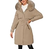  Onsoyours Femme Hiver Mi-Long Doudoune avec Col de Fourrure Veste Parka Manteau Doublé Outwear Trench Chaud Épais Jacket Zippé Manche Longue Poches Outwear B Brun L