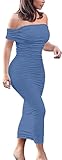 GOBLES Women's Ruched Off Shoulder Short Sleeve Bodycon Midi Elegant Cocktail Party Dress Light Blue
