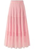 Wielsscca Maxi Skirts for Women Pleated Long Flowy Chiffon Elastic Waist Tiered A Line Skirt Pink XX-Large