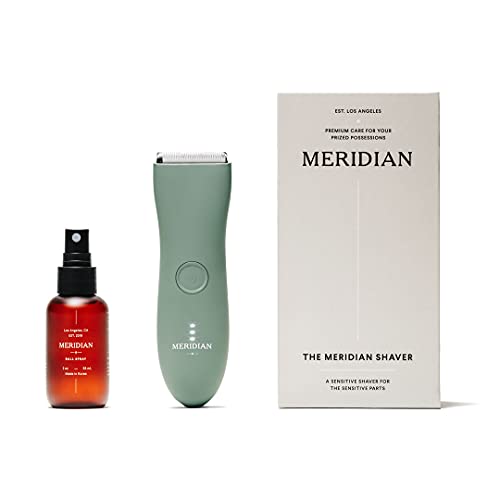 The Complete Package by Meridian: Includes Men’s Waterproof Electric Below-The-Belt Trimmer and The Spray (50 mL) | Features Ceramic Blades and Sensitive Shave Tech (Sage)