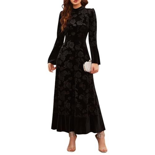 Image of AGYMNX Women's Fall Winter Dress Long Sleeve Velvet Long Maxi Dress with Belt Party Dress Flowy A Line Wedding Guest Dress