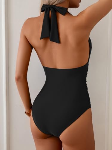 B2prity Women's Sexy Two Piece Swimsuit Tummy Control Halter Plunge One Piece Bathing Suit with Cover Up Skirt4
