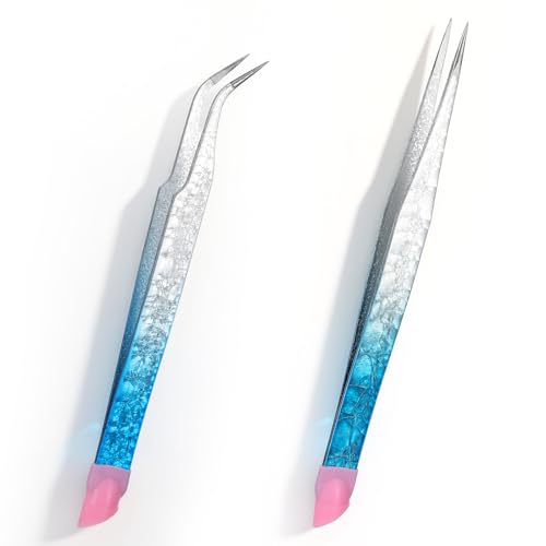 Apojgitn 2PCS Crystal Blue Nail Tweezer: Double Ended Sticker Tweezers with Silicone for Craft Precision Rhinestone Picker Tool for Jewelry Eyelash Nail Art Curved Tip Tweezers Kit