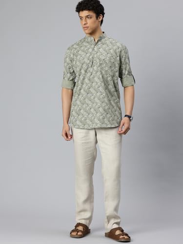 Image of Majestic Man Men's Pure Cotton Printed Mandarin Collar Regular Fit Roll-Up Sleeves Short Kurta