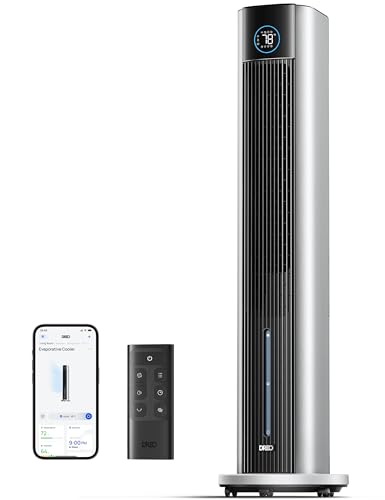Image of DREO Tower Fan for Bedroom, 43 inch Cooling Fans That Blow Cold Air 2025 Upgraded, Evaporative Air Cooler, Quiet 85 Oscillating Floor Fan, Easy Cleaning, APP Control, 4 Modes 4 Speeds, Metallic Silver
