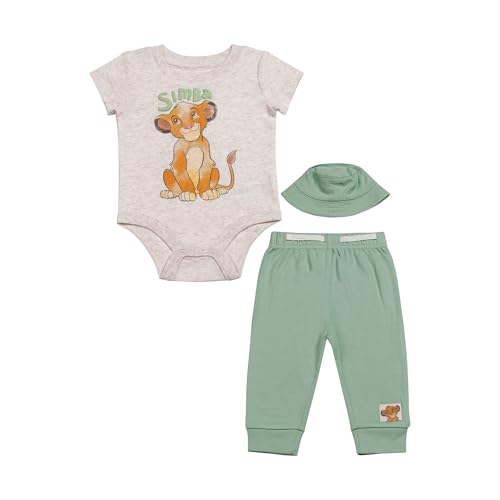 Magic Threadz Disney Clothes Baby Boys 3-Piece Outfit Set with Bodysuit Pants & Hat Lion King Stitch Pooh & Mickey (0M9M) Tan/Green 3/6M