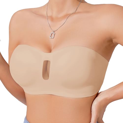 Derisaly Womens Strapless Bras Back Closure Seamless Bandeau Bra Non-Slip Push Up Tube Top Wireless Padded Bralette with Mesh (US, Alpha, Medium, Regular, Regular, Apricot)
