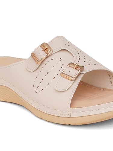 Image of Shoetopia Women's Comfort Sandals with Double Strap Buckle || Orthopedic Soft Sole Slip-On Flats for Daily Footwear