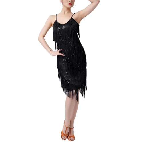 Robe à paillettes mi-longue évasée avec col en V plongeant sans manches