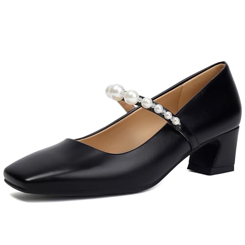 Dress Shoes for Women Comfortable Square Toe Low Block Heels Pearl Pumps