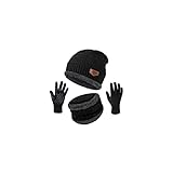 Winter Beanie Hats Scarf Gloves Set Thick Warm Slouchy Beanies Hat Knit Skull Cap Neck Warmer for Men Women,Hat Scarf Set-a-black