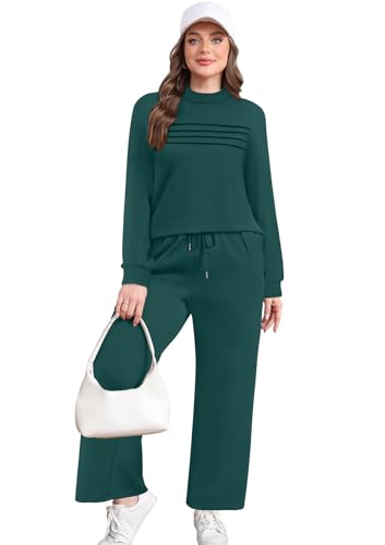 Image of WIHOLL Two Piece Sets for Women Fall Travel Vacation Outfits 2026 Long Sleeve Lounge Sets Side Slit Wide Leg Pants XS-3XL