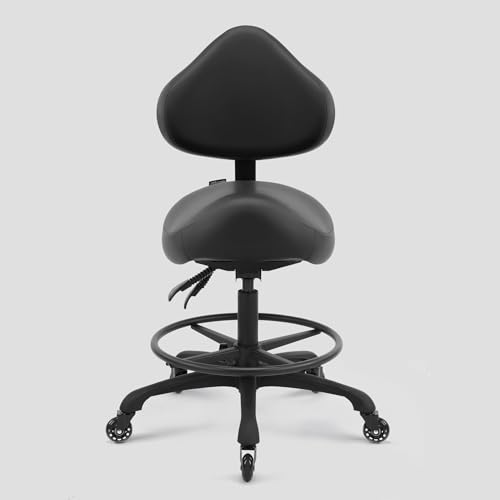 Image of Pneumatic Swivel Rolling Saddle Chair with Wheels and Ergonomic Back Support for Hair Stylist, Dental Hygienist, Hygienic Clinic, Spa, Massage, Home, Office - Black Vinyl Leather - 510 KOA