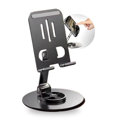 Suporte de Celular de Mesa em Alumínio com Base Rotativa 360° Ajustável e Dobrável Compatível com iPhone, iPad, Android, Smartphones e Tablets, Estável e Antiderrapante – Metal Premium