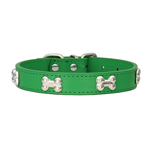 Mdurian Collare per Cani in Vera Pelle con Borchie in Osso di Metallo Collari Regolabili sicuri e Comodi per Cani di Taglia Media, (M, Verde)