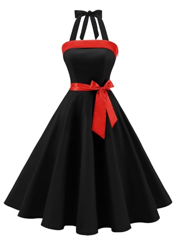 Timormode Vestido vintage cocktail 50s elegante mulher com cinto, Preto, XXL