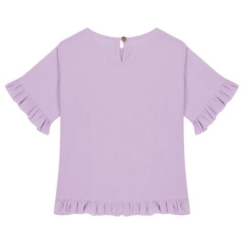 Girls Cotton Linen Summer Tops Ruffle Elbow Sleeve Blouse Oversized T-Shirt Elegant Blouse Crewneck Tees Cute T-Shirt4