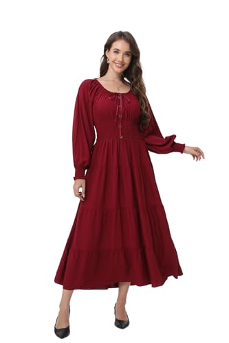 OSTOO Women's 2025 Casual Long Sleeve Square Neck Smocked High Waist Flowy Maxi Dress,Boho Tiered Beach Party Dress4