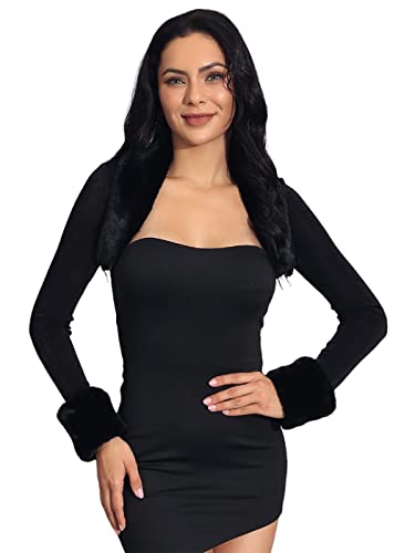 GORAIS Womens Bolero Shrugs Black Evening Fur Bolero Jackets Party Long Sleeve Fur Shrug for Wedding Dresses