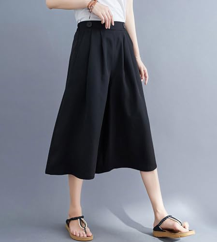 chouyatou Women's High Elastic Waisted Wide Leg Capris Business Casual Cropped Culotte Pants with Pockets2