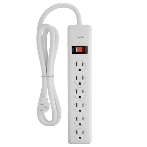 BN-LINK 6-Outlet Power Strip Surge Protector 1-Pack 4-Foot Extension Cord 600 Joules Twist-to-Close Safety Covers 90 Degree Flat Plug Overload Protection White
