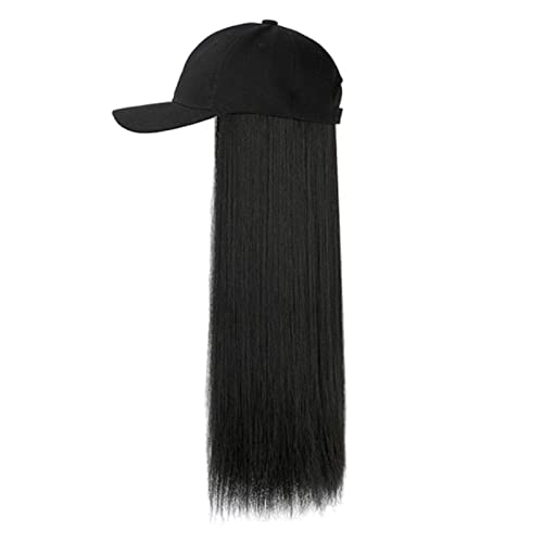 Baseball Cap Perücke Langes Haar Baseballmütze Perücke mit Hut Baseballkappe mit Haaren Perücken Kappen Damen Lange Gerade Synthetische Perücke für Mädchen Täglicher Partygebrauch 60cm Schwarz 1 Stück Cover