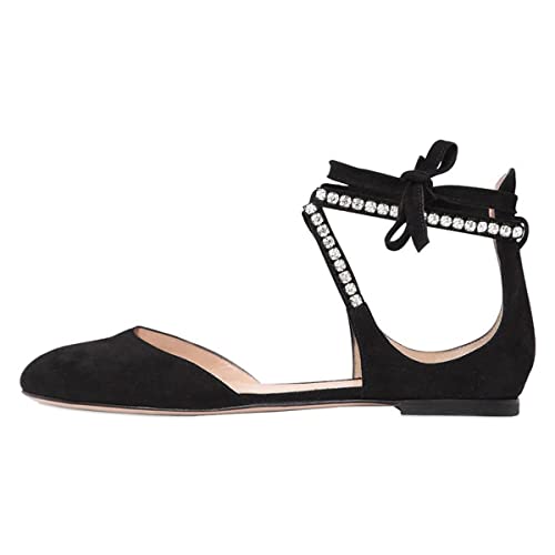YDN Women Chic Round Toe Ankle Wrap D'Orsay Ballet Flats Lace Up Cutout Faux Suede Ballerina Dress Shoes2