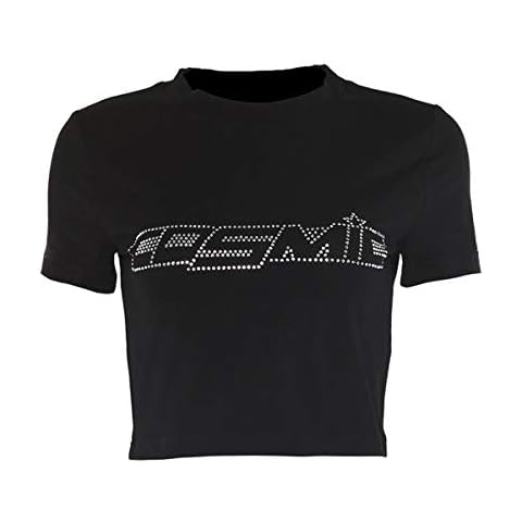 Womens Y2K Letter Rhinestone Pattern Crop Top T Shirt Gothic Graphic Print Short Sleeve Slim Cropped Tee E Girl 90s Aesthetic Teen Girl Shirt (Black, Medium) Cover