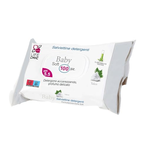 LifeChic Salviette Baby con Talco, per Pelli Sensibili, Senza Alcol, Delicate sulla Pelle, Ph 5.5, Delicatamente Profumate, 100 pezzi (1 Confezione)