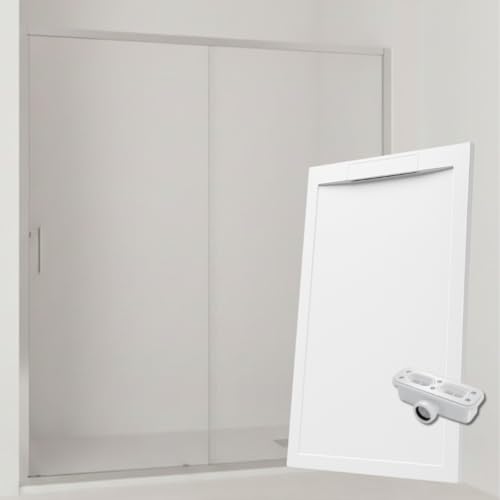 Pack Mampara Ducha Frontal Corredera + Fijo con Perfil inferior/Cromo 150 cm y Plato blanco irrompible ultraligero antideslizante 150X70cm