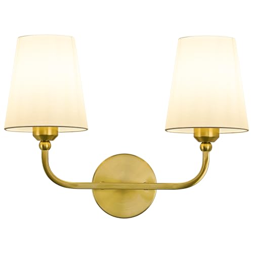 Image of Bathroom Vanity Light, Brushed Gold Bathroom Lighting Fixtures Over Mirror | 2-Light Bathroom Light Fixtures with Flared White Fabric Shade, E26 Socket (ETL Listed)