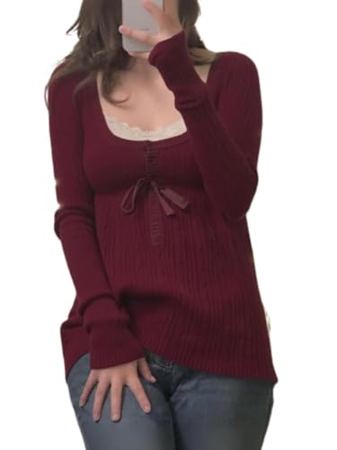 Women Y2K Fairy Grunge Long Sleeve Sweater Aesthetic Button Up Babydoll Knit Tops Square Neck Harajuku Tunic Knitwear