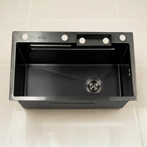 Image of ARQUIN Kitchen Sink 24 inchx18 inchx9 inchInch Waterfall Kitchen Sink Original 304 Grade Stainless Steel ANTI SCRATCH Black Matt Finish DESIGN Integrated Pull-down Faucet with Cup washer & Drain Baskets