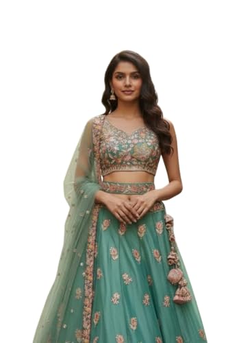 PUNDRIKANAYAN Womens Pink Embroidered Lehenga Choli with Dupatta Floral Zari Work Bridal Wedding Ethnic Wear (Lite Green 36)