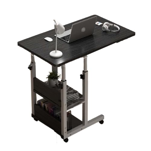 キャスター付きサイドテーブル 昇降テーブル パソコンデスク リフティングテーブル 大容量収納空間 2層式 高さ調節可能なベッドサイドテーブル ワークテーブル ホーム/メイクアップ/勉強/ワ(.黒,二重層)
