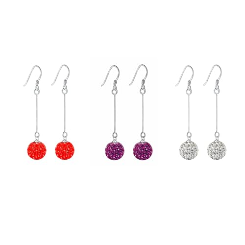 3Pack Set Silver Diamond Crystal Ball Stud Drop Pearl Earrings for Women,Blue White Purple Gemstones Women's Dainty Sparkle Disco Ball Pave Studs Earrings Tassel Post Pierced CZ Pearl Ball Drop Stud