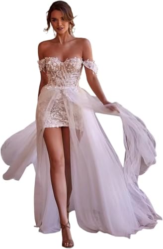 Hi-Low Tulle Wedding Dresses for Bride Long Sleeve Wedding Dress for Women Lace Applique Bridal Shower Dresses for Bride