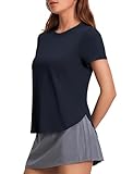 PINSPARK Short Sleeve Workout Tops for Women UV Protection Tennis Shirt Mositure Wicking Athletic Tshirts Solid Workout Tee Lightweight Pilate T Shirt, Dark Navy Large