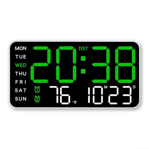 Honseadek Reloj de Pared Digital Grande con Control Remoto, Temporizador, Pantalla LED con Temperatura, Fecha, Semana, Automático, DST, Brillo Ajustable, Reloj Despertador de Pared Grande Verde