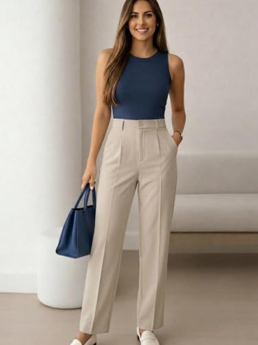 Image of KATECLO Women's Wide Leg Pants | Beige Polyester Trousers | Stylish Korean Clothing | Flared, Straight Fit, Baggy, and Loose Jeggings for Girls and Women