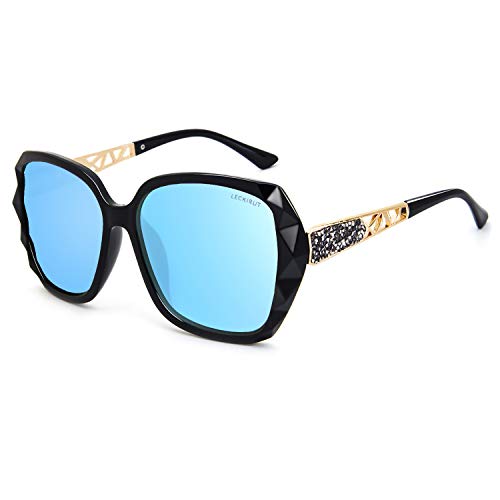 LECKIRUT Oversized Sunglasses for Women Polarized UV Protection Classic Fashion Ladies Shades Black Frame Blue Lens