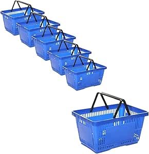 Retail Shop Supermarkets Plastic Shopping Basket With Wheels And Telescopic Handle, Plastic Shopping Baskets, Stacking Baskets (5 X Blue Basket 22L)