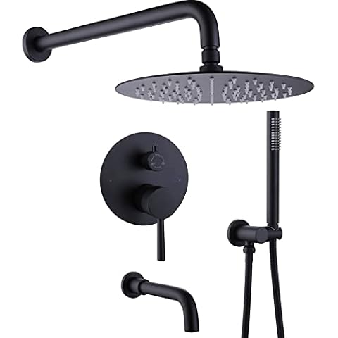 RBROHANT Shower System with Tub Spout and Handheld Matte Black Bathtub Shower Faucet Combo Set with 10 Inch Rain Shower Head, Brass Rough-in Pressure Balance Valve Included, Wall Mounted, RB1109 Cover