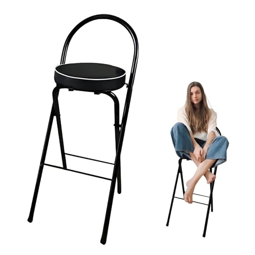 Taburete Plegable Acolchado de PU Portátil, Taburete de Bar de Altura con Reposapiés, para Desayuno, Camping, Al Aire Libre(75cm/30in)