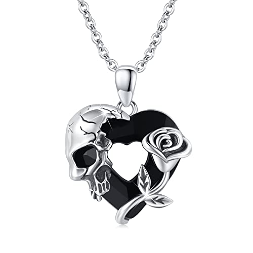 S925 Sterling Silver Skull Pendant Necklace Heart Shaped Black Crystal Necklace Gothic Jewlery Gifts