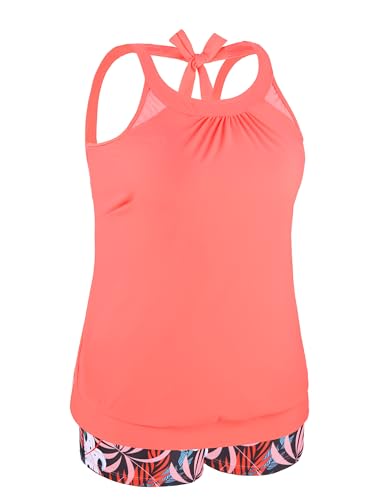 SOTHEA Women Plus Size Tankini Swimsuits with Shorts Tummy Control Two Piece Blouson Bathing Suits Halter High Neck Swimwear Coral Pink Leaf