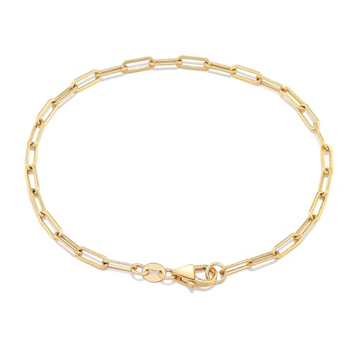 14K Gold Paperclip Bracelets, Real Gold Rectangular Link Chain 2.5mm, 6-7 Inches for Women Men, Hypoallergenic, Non-Tarnish, Dainty Layering Minimalist Jewelry